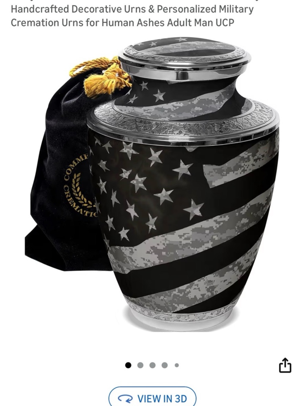 Patriotic Military-Style Cremation Urn - Black & Silver